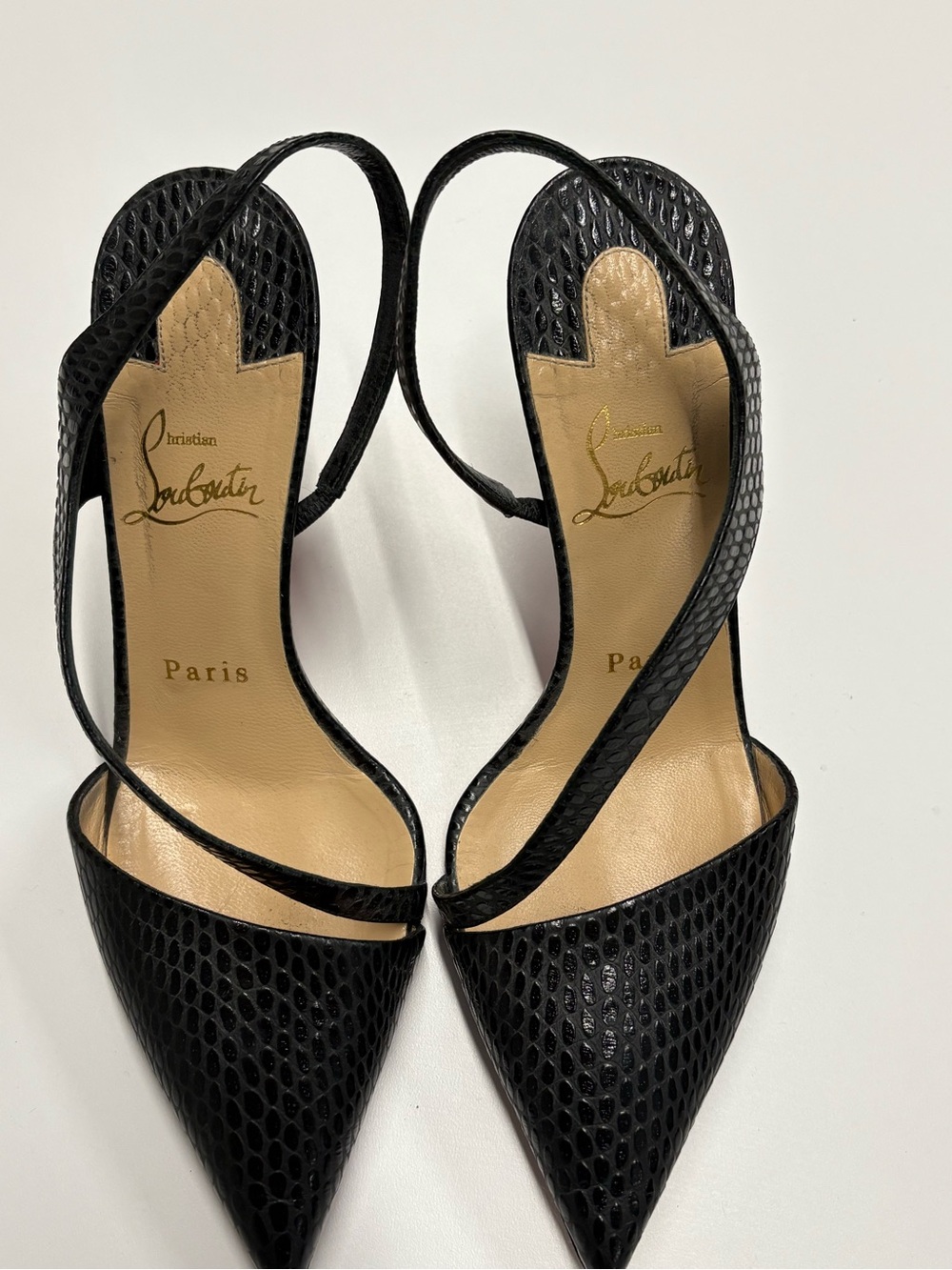 Christian Louboutin Black Textured Pointed-Toe Slingback Heels